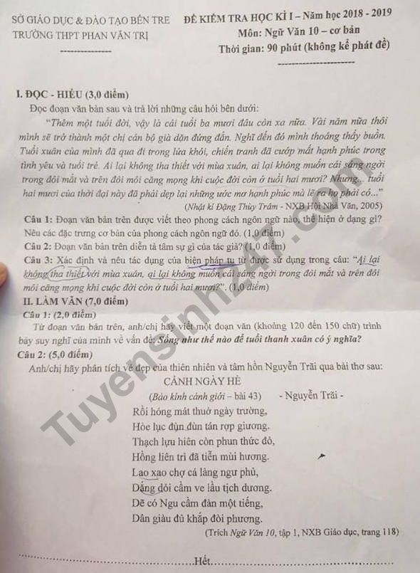 Đề thi học kì 1 môn Văn lớp 10 - THPT Phan Văn Trị năm 2018