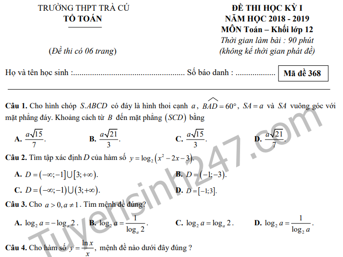 Đề thi kì 1 lớp 12 môn Toán năm 2018 - THPT Trà Cú 