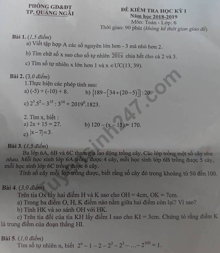 Đề thi kì 1 lớp 6 môn Toán năm 2018 - Phòng GD Quảng Ngãi 