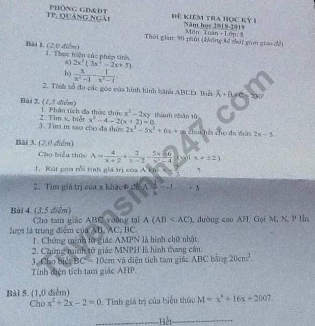 Đề thi kì 1 lớp 8 môn Toán - Phòng GD TP.Quảng Ngãi năm 2018