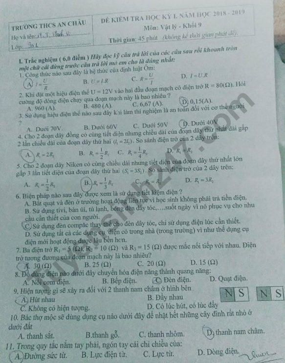 Đề thi kì 1 lớp 9 môn Lý năm 2018 - THCS An Châu 