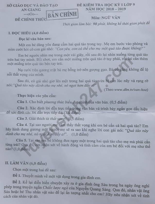 Đề thi kì 1 lớp 9 môn Văn - Sở GD An Giang năm 2018