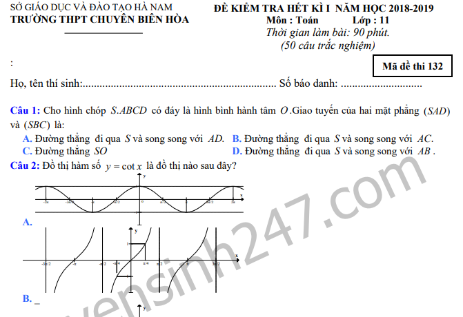 Đề thi kì 1 lớp 11 môn Toán năm 2018 - THPT Chuyên Biên Hòa 