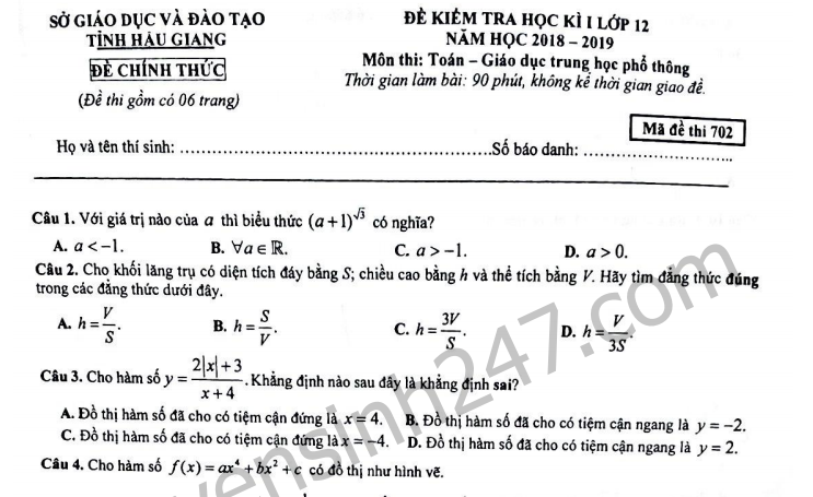 Đề thi học kì 1 lớp 12 môn Toán - Sở GD Hậu Giang năm 2018