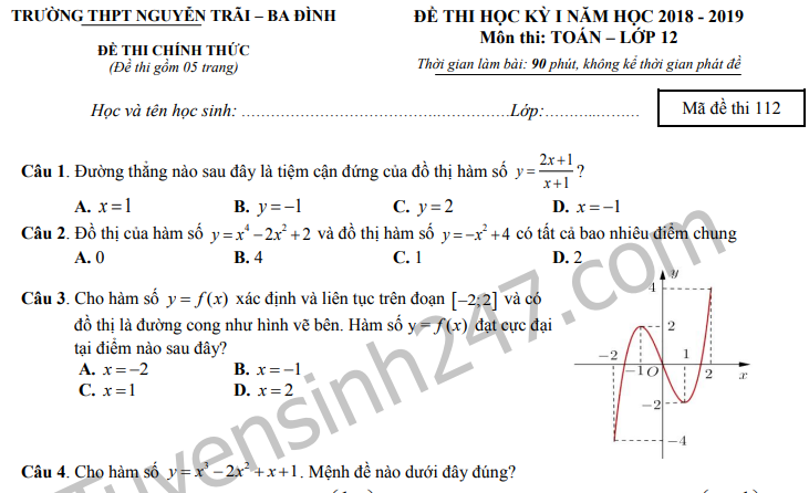 Đề thi kì 1 lớp 12 môn Toán năm 2018 - THPT Nguyễn Trãi