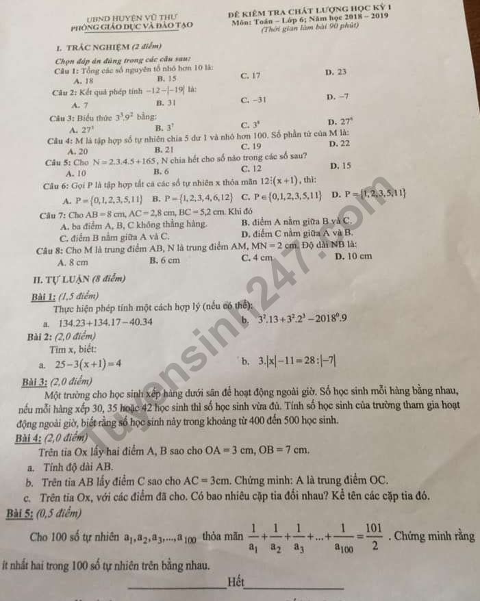 Đề thi kì 1 lớp 6 môn Toán năm 2018 - Phòng GD Huyện Vũ Thư