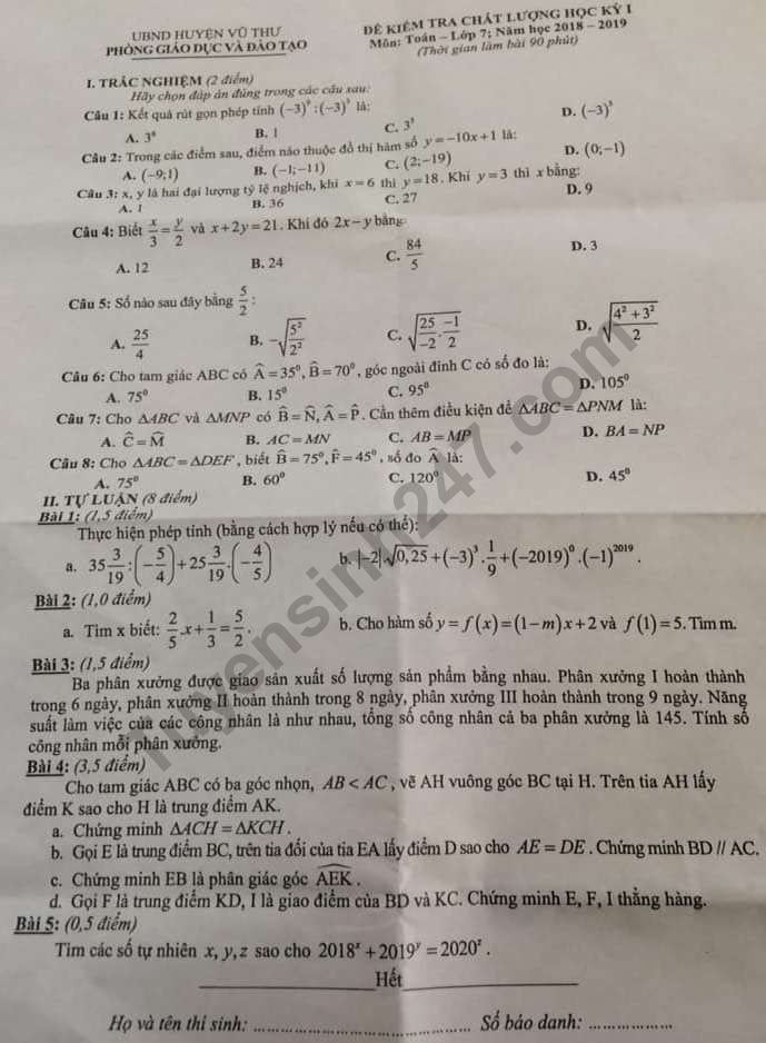 Đề thi kì 1 lớp 7 môn Toán - Phòng GD Vũ Thư năm 2018