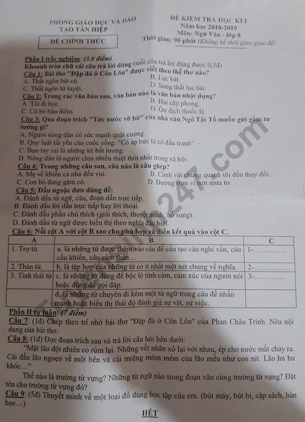 Đề thi học kì 1 lớp 8 môn Văn năm 2018 - Phòng GD Tân Hiệp