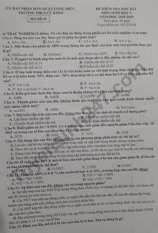 Đề thi học kì 1 lớp 9 môn Sinh - THCS Cự Khôi năm 2018