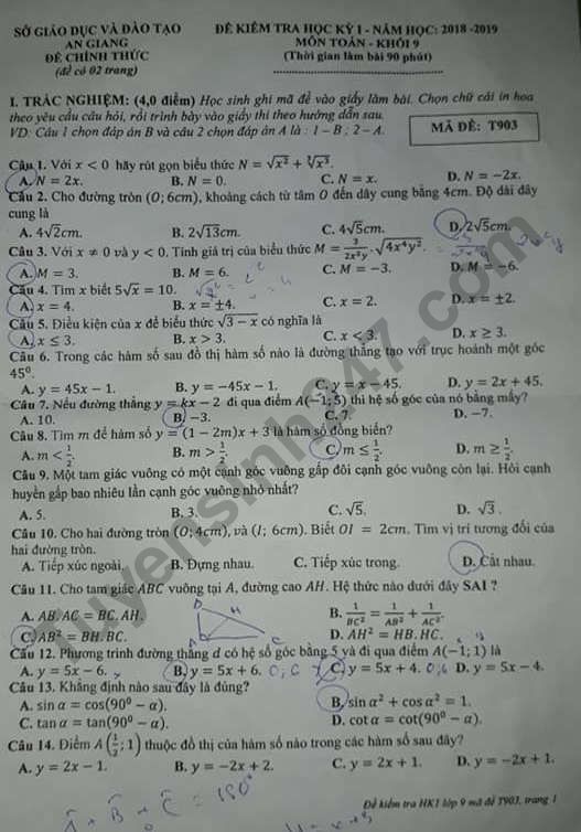 Đề thi kì 1 lớp 9 môn Toán năm 2018 - Sở GD An Giang