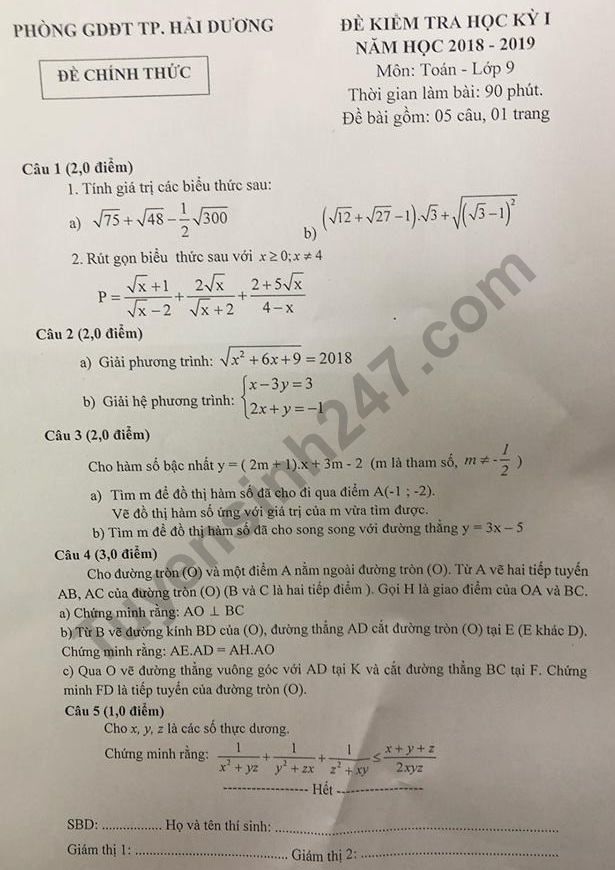 Đề thi học kì 1 môn Toán lớp 9 năm 2018 - TP Hải Dương 