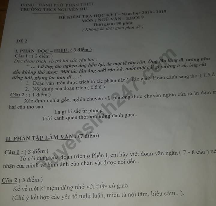 Đề thi học kì 1 lớp 9 môn Văn năm 2018 - THCS Nguyễn Du 