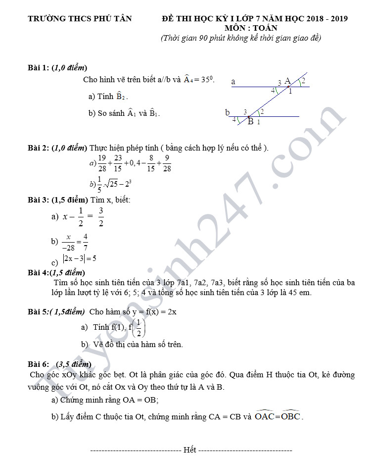 Đề thi học kỳ 1 lớp 7 môn Toán năm 2018 - THCS Phú Tân 