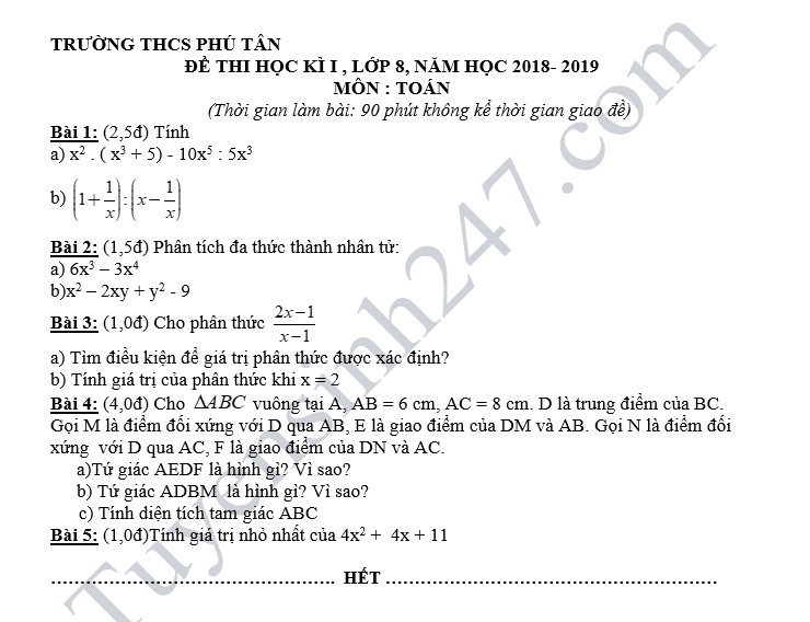 Đề thi học kỳ 1 lớp 8 môn Toán năm 2018 - THCS Phú Tân 