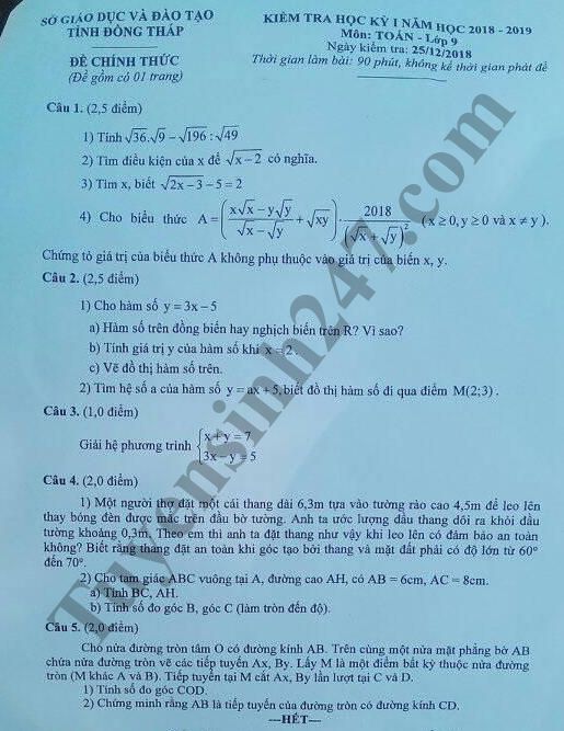 Đề thi học kỳ 1 lớp 9 môn Toán năm 2018 - Sở GD Đồng Tháp 