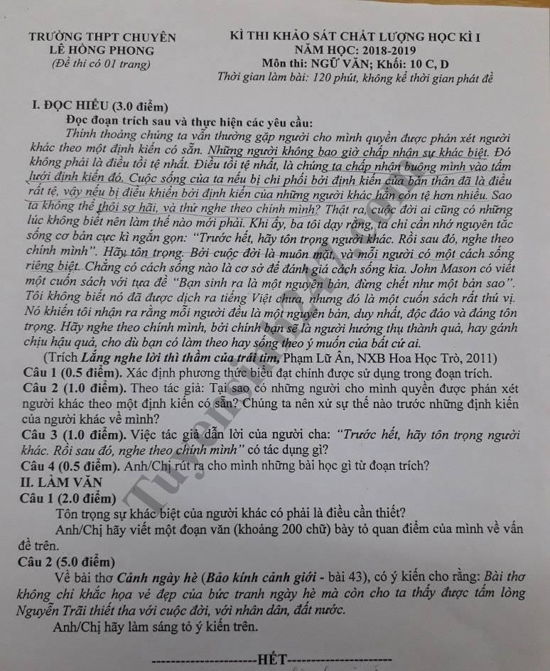 Đề thi học kỳ 1 lớp 10 môn Văn năm 2018 - THPT Chuyên Lê Hồng Phong 