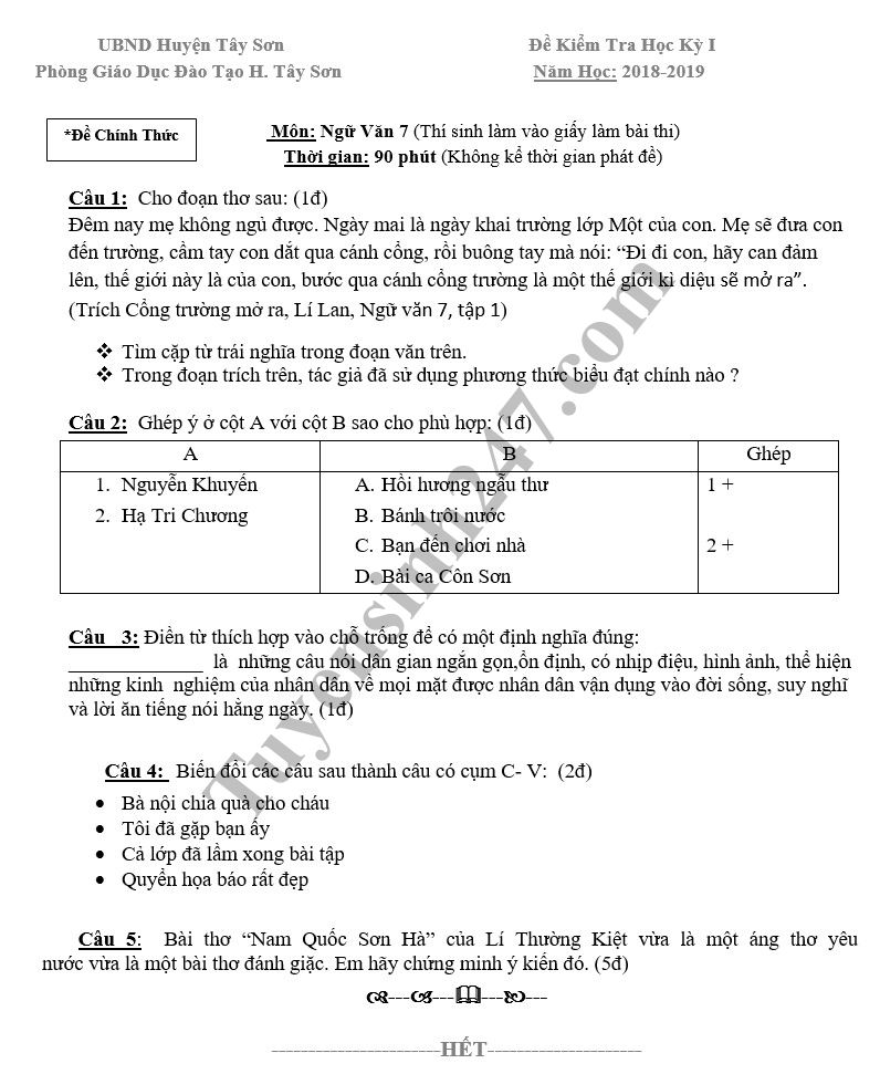Đề thi học kỳ 1 lớp 7 môn Văn năm 2018 - Phòng GD Huyện Tây Sơn 