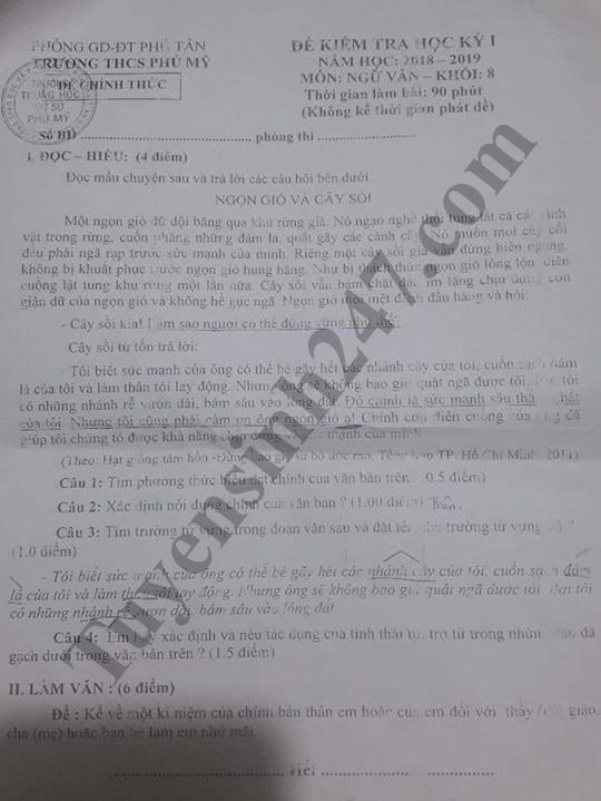 Đề thi học kỳ 1 lớp 8 môn Văn năm 2018 - THCS Phú Mỹ 
