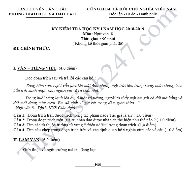 Đề thi học kỳ 1 lớp 8 môn Văn năm 2018 - Phòng GD Tân Châu 