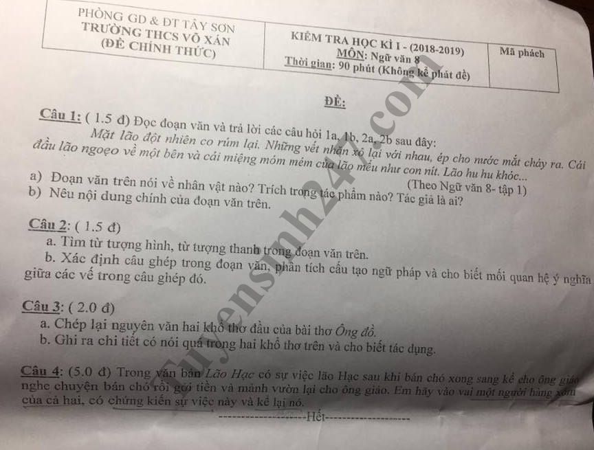 Đề thi học kỳ 1 lớp 8 môn Văn năm 2018 - THCS Võ Xán 