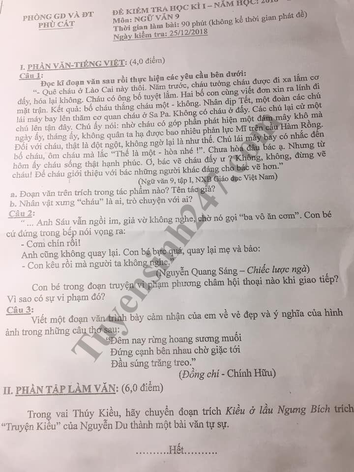 Đề thi học kỳ 1 lớp 9 môn Văn năm 2018 - Phòng GD Phù Cát 