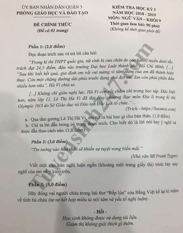 Đề thi học kỳ 1 lớp 9 môn Văn năm 2018 - Phòng GD Quận 3 
