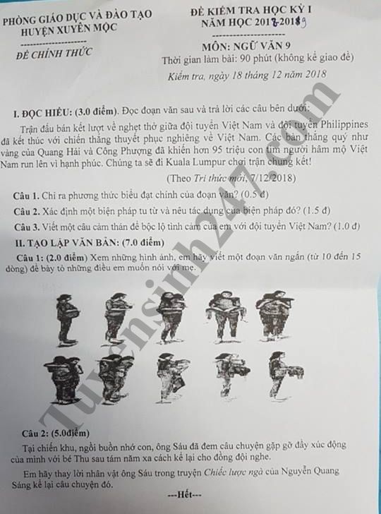 Đề thi học kỳ 1 lớp 9 môn Văn năm 2018 - Phòng GD Huyện Xuyên Mộc