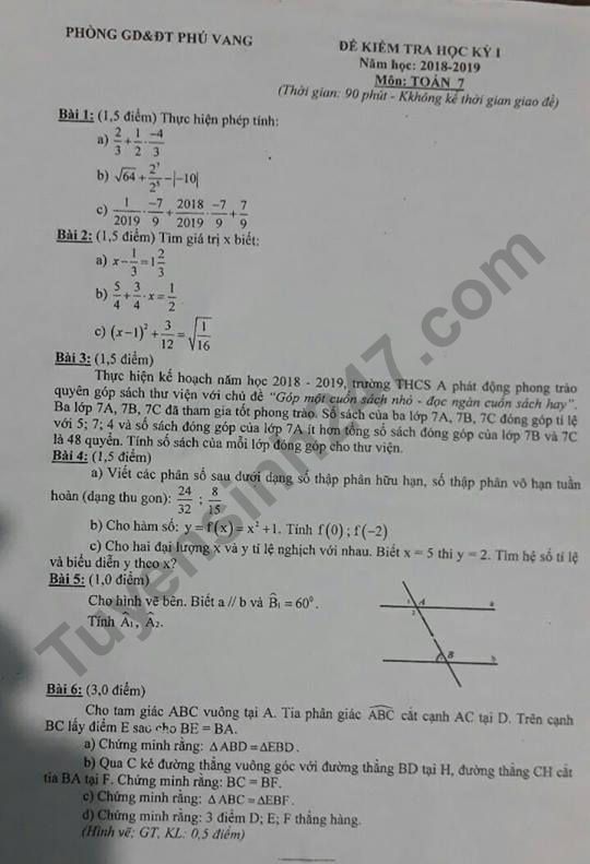 Đề thi học kì 1 lớp 7 môn Toán - Phòng GD Phú Vang năm 2018