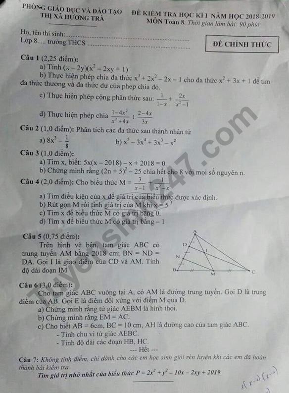 Đề thi kì 1 lớp 8 môn Toán - Phòng GD TX Hương Trà năm 2018