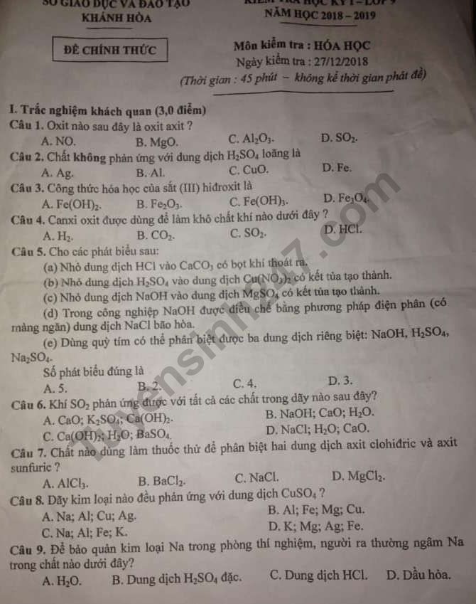 Đề thi kì 1 lớp 9 môn Hóa - Sở GD Khánh Hòa năm 2018