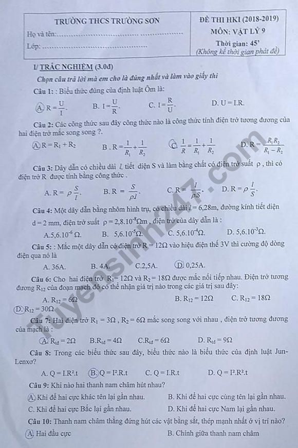 Đề thi học kì 1 lớp 9 môn Lý - THCS Trường Sơn 2018