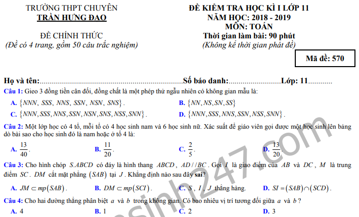 Đề thi kì 1 lớp 11 môn Toán năm 2018 - THPT Chuyên Trần Hưng Đạo 