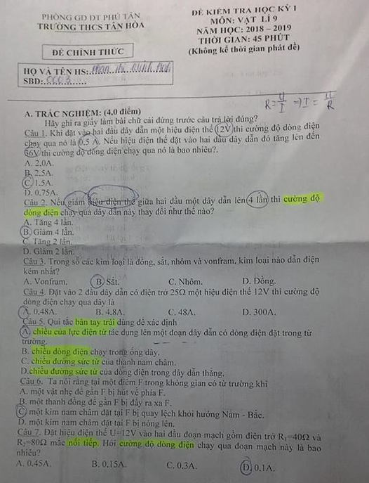 Đề thi kì 1 lớp 9 môn Lý năm 2018 - THCS Tân Hòa 