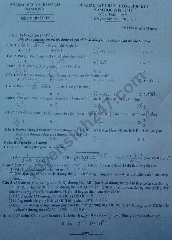 Đề thi kì 1 lớp 9 môn Toán năm 2018 - Sở GD Nam Định