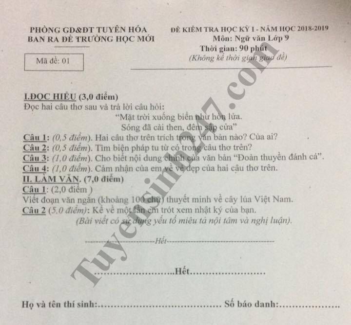 Đề thi học kỳ 1 lớp 9 môn Văn năm 2018 - Phòng GD Tuyên Hóa 