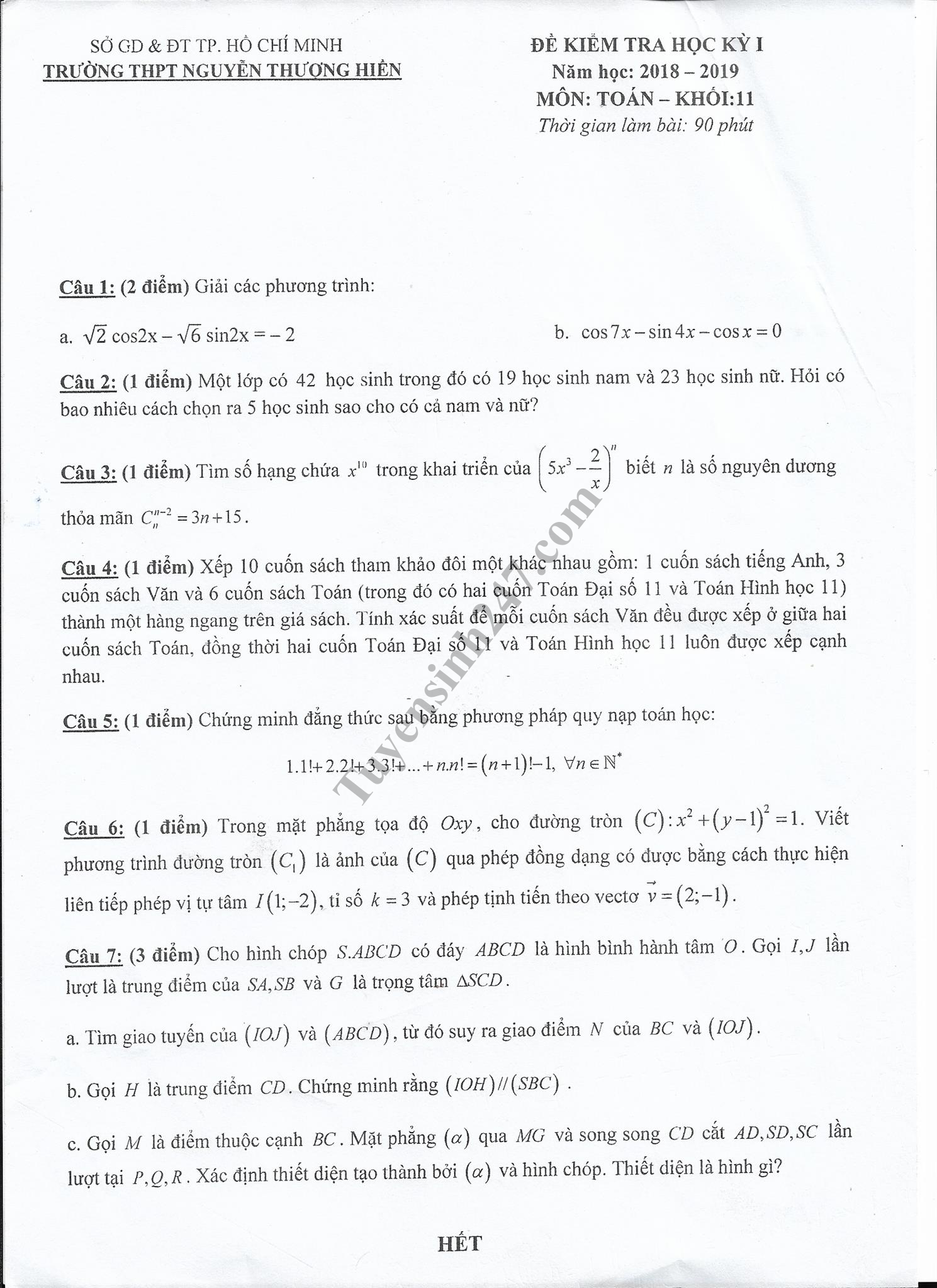 Đề thi học kỳ 1 lớp 11 môn Toán năm 2018 - THPT Nguyễn Thượng Hiền 