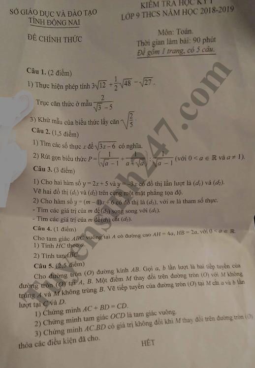 Đề thi học kỳ 1 lớp 9 môn Toán năm 2018 - Sở GD Đồng Nai 