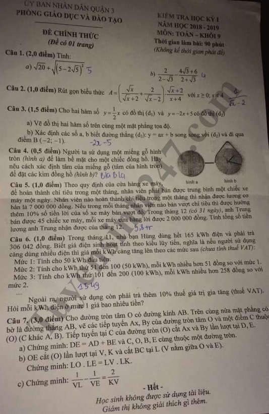 Đề thi học kỳ 1 lớp 9 môn Toán năm 2018 - Phòng GD Quận 3 