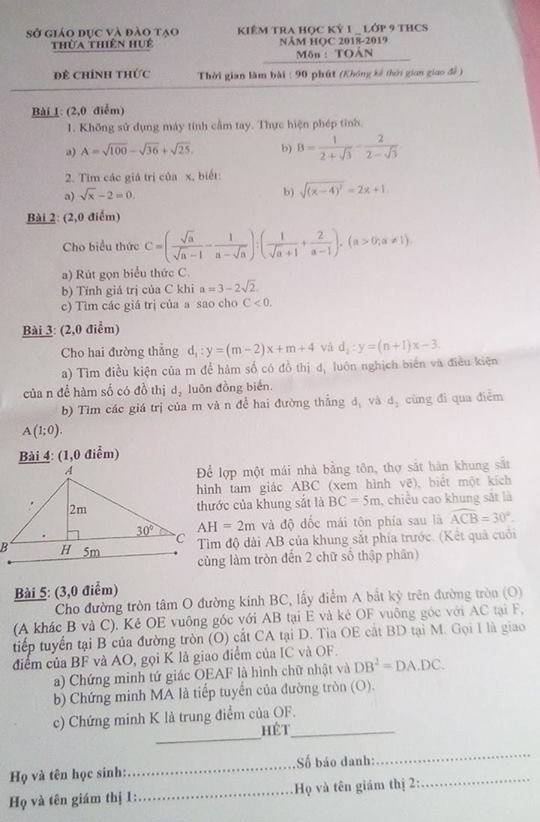 Đề thi học kỳ 1 lớp 9 môn Toán năm 2018 - Sở GD Thừa Thiên Huế 