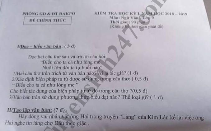 Đề thi học kỳ 1 lớp 9 môn Văn năm 2018 - Phòng GD Đakpơ 