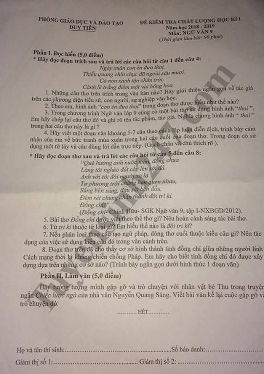 Đề thi học kỳ 1 lớp 9 môn Văn năm 2018 - Phòng GD Duy Tiên 
