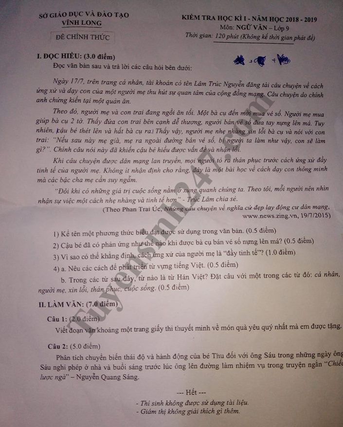 Đề thi học kỳ 1 lớp 9 môn Văn năm 2018 - Sở GD Vĩnh Long 