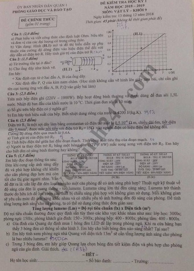 Đề thi học kỳ 1 lớp 9 môn Lý năm 2018 - Phòng GD Quận 1 