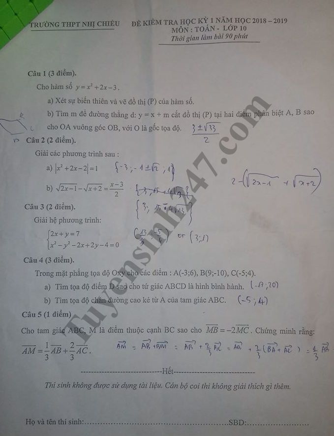 Đề thi học kỳ 1 lớp 10 môn Toán năm 2018 - THPT Nhị Chiểu 
