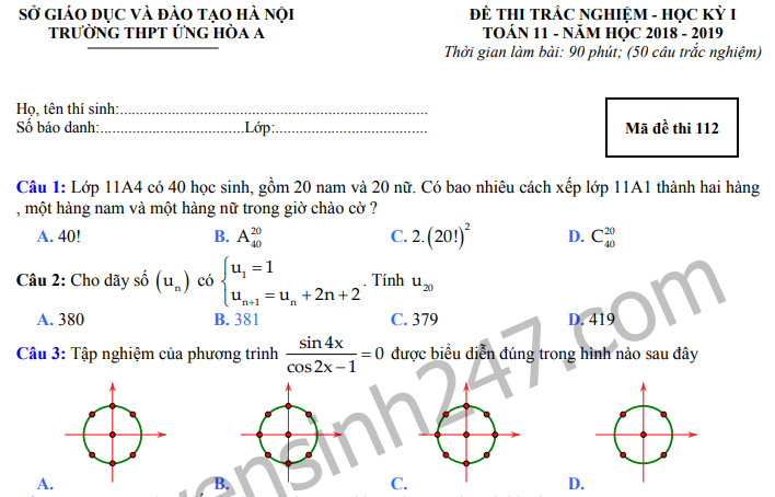 Đề thi kì 1 môn Toán lớp 11 THPT Ứng Hòa A năm 2018