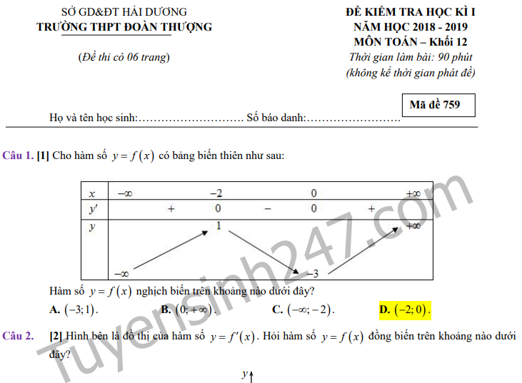 Đề thi kì 1 môn Toán lớp 12 THPT Đoàn Thượng 2018