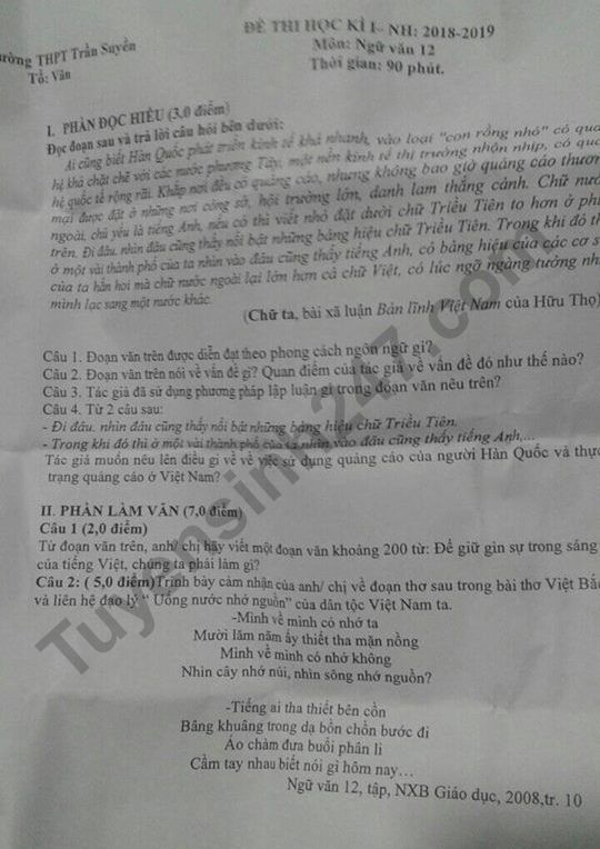 Đề thi kì 1 môn Văn lớp 12 THPT Trần Suyền 2018