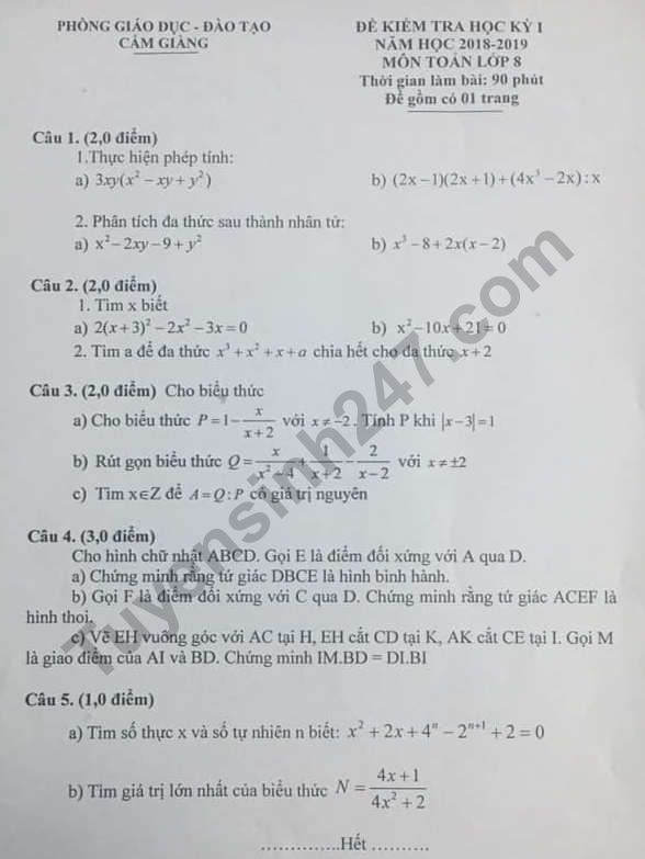 Đề thi kì 1 lớp 8 môn Toán Phòng GD Cẩm Giàng 2018