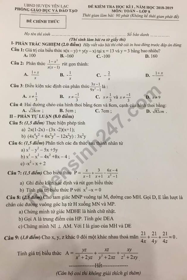Đề thi kì 1 lớp 8 môn Toán 2018 huyện Yên Lạc