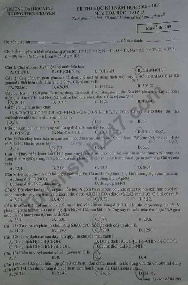 Đề thi kì 1 môn Hóa lớp 12 - THPT Chuyên ĐH Vinh 2018